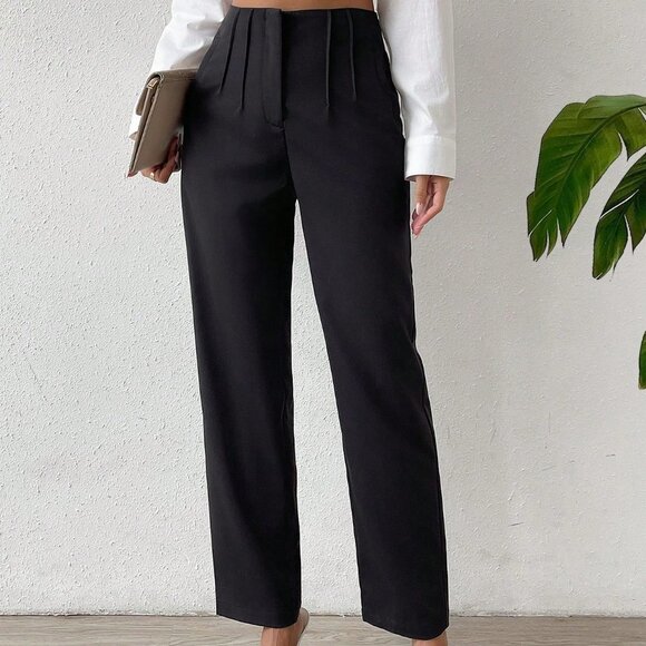 Black Preppy Womens Solid Fold Pleated Straight Leg Pants - Picture 1 of 5